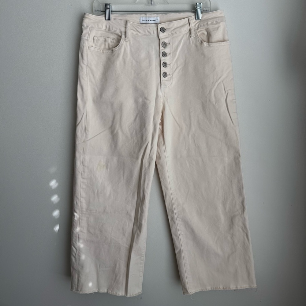 Flying Monkey Cream Button-Fly Ankle Cut Off Pants